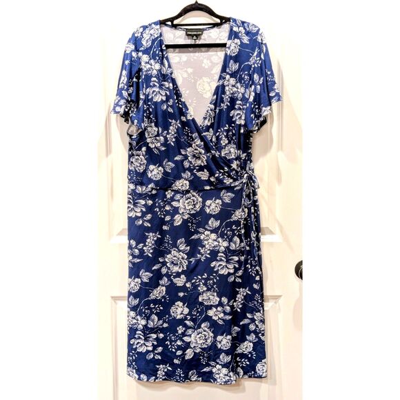 Fortune + Ivy Wrap Dress Floral Plus Size 2X Blue White Jersey Knit Midi - Picture 1 of 6